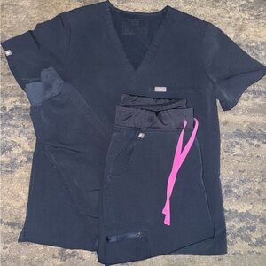 Figs Navy Blue Scrub Set with Pink Accents